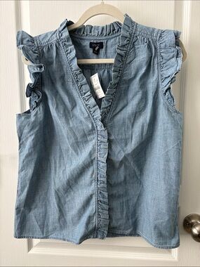 J. Crew Light Blue Ruffle Chambray Sleeveless Top